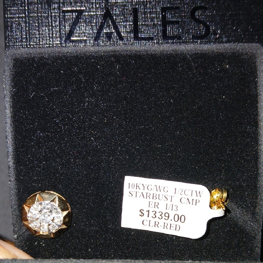 Zales 10K Gold Starburst Earrings with Clear Diamonds and Red Accents 1/2 Carats